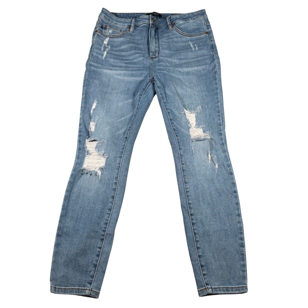 Judy Blue Control Top Skinny Jean Women 15/32(FITS 33x27) Blue Distressed Ripped